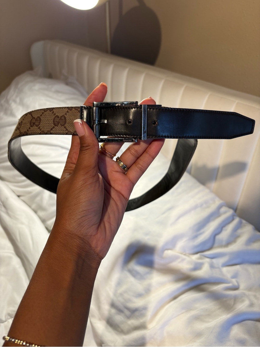 Gucci Reversible Monogram and Black Leather Belt with Silver Buckle